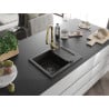 Mexen Enzo 1-bowl granite sink with drainer and Savita kitchen faucet, black/gold metallic - 6506-75-672601-50-B