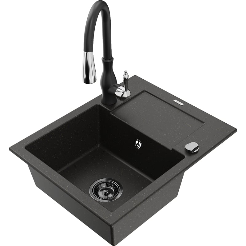 Mexen Enzo granite single-bowl kitchen sink with drainer and Savita faucet, black/gold metallic - 6506-75-672601-70-B