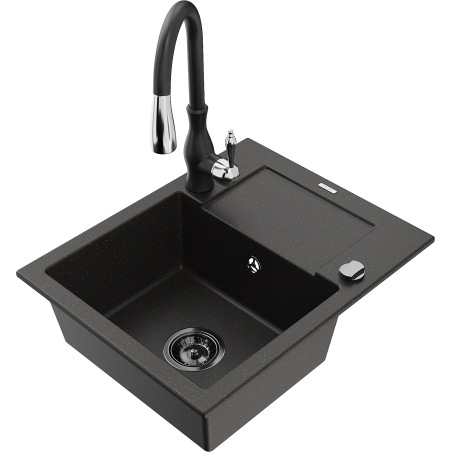 Mexen Enzo 1-bowl granite sink with drainer and Savita kitchen faucet, black/gold metallic - 6506-75-672601-70-B