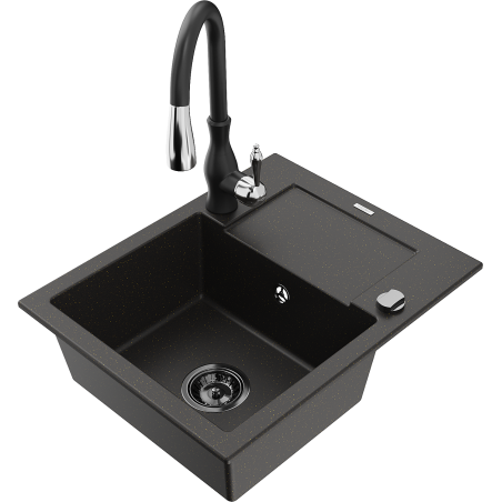 Mexen Enzo granite single-bowl kitchen sink with drainer and Savita faucet, black/gold metallic - 6506-75-672601-70-B