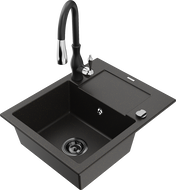 Mexen Enzo 1-bowl granite sink with drainer and Savita kitchen faucet, black/gold metallic - 6506-75-672601-70-B