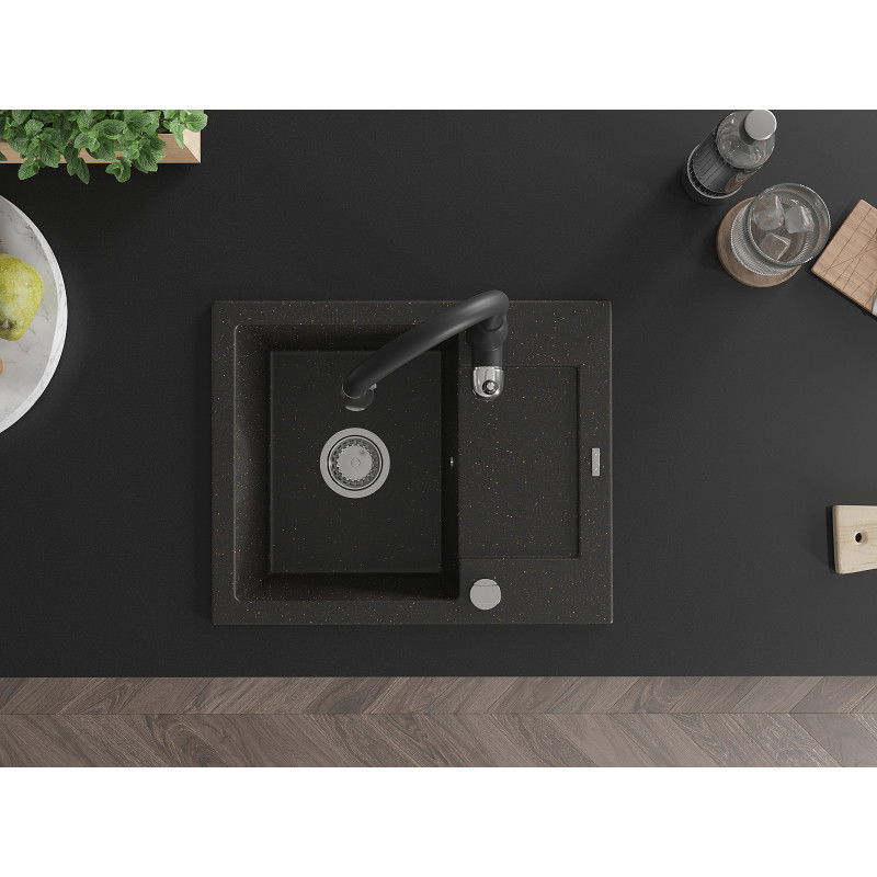 Mexen Enzo 1-bowl Granite Sink with Drainer and Savita Kitchen Tap, Black/Gold Metallic - 6506-75-672601-70