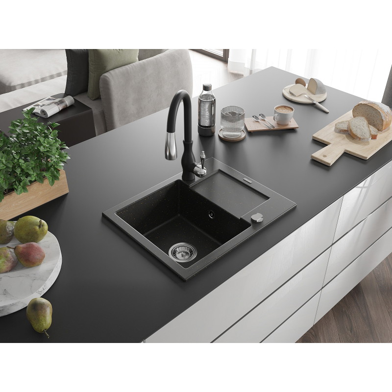 Mexen Enzo granite single-bowl kitchen sink with drainer and Savita faucet, black/gold metallic - 6506-75-672601-70