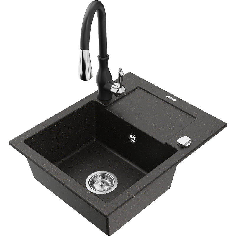 Mexen Enzo 1-bowl Granite Sink with Drainer and Savita Kitchen Tap, Black/Gold Metallic - 6506-75-672601-70
