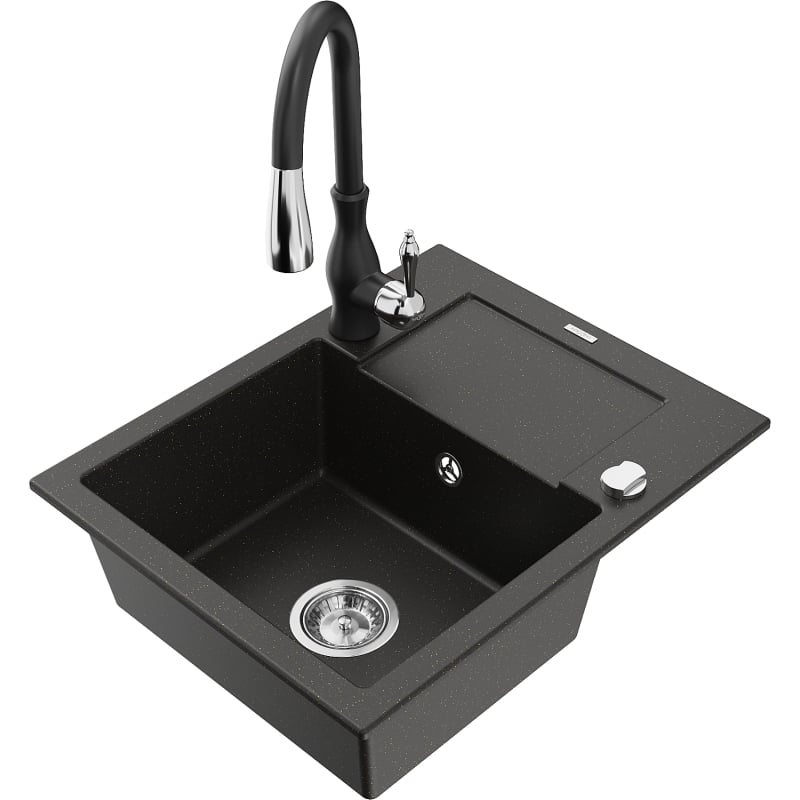 Mexen Enzo granite kitchen sink 1-compartment with drainer and Savita kitchen faucet, black/gold metallic - 6506-75-672601-70