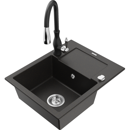 Mexen Enzo granite single-bowl kitchen sink with drainer and Savita faucet, black/gold metallic - 6506-75-672601-70