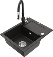 Mexen Enzo 1-bowl Granite Sink with Drainer and Savita Kitchen Tap, Black/Gold Metallic - 6506-75-672601-70