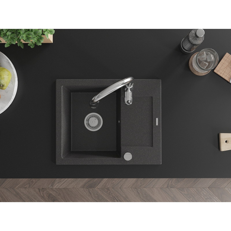 Mexen Enzo 1-bowl granite sink with drainer and Savita kitchen faucet, speckled black - 6506-76-672601-00