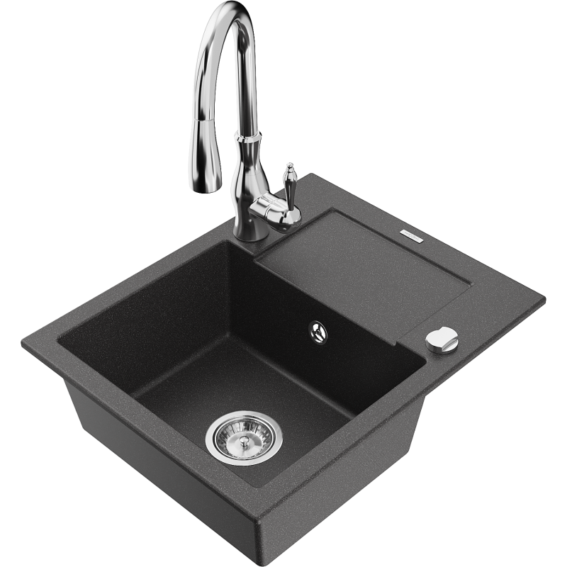 Mexen Enzo granite kitchen sink 1-bowl with drainer and Savita kitchen tap, black spotted - 6506-76-672601-00