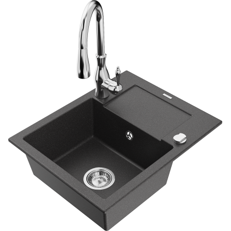Mexen Enzo 1-bowl granite sink with drainer and kitchen faucet Savita, black speckled - 6506-76-672601-00
