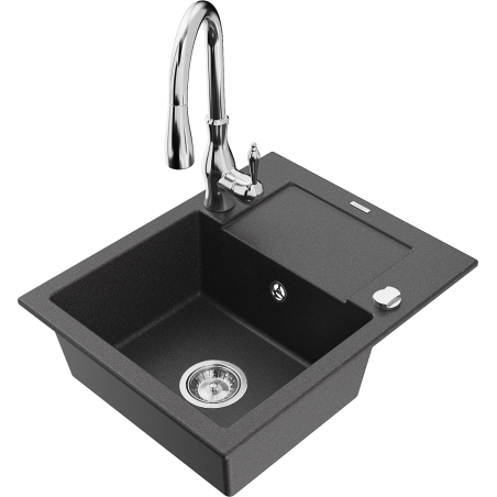 Mexen Enzo 1-bowl granite sink with drainer and Savita kitchen faucet, speckled black - 6506-76-672601-00