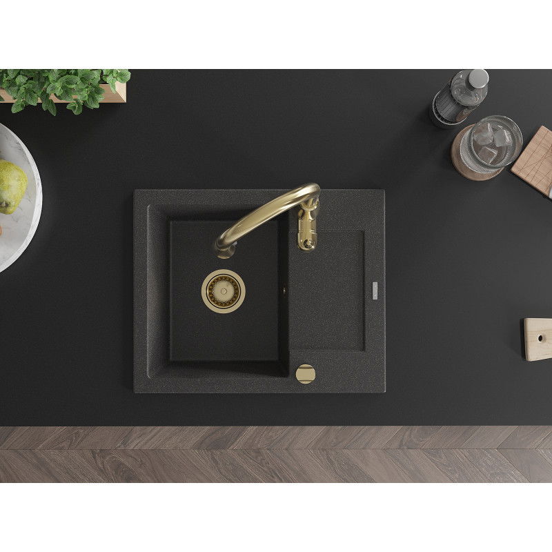 Mexen Enzo granite sink 1-bowl with drainer and Savita kitchen tap, black speckled - 6506-76-672601-50