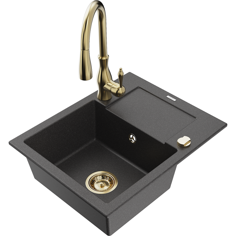 Mexen Enzo 1-compartment granite sink with a drip tray and kitchen mixer tap Savita, spotted black - 6506-76-672601-50