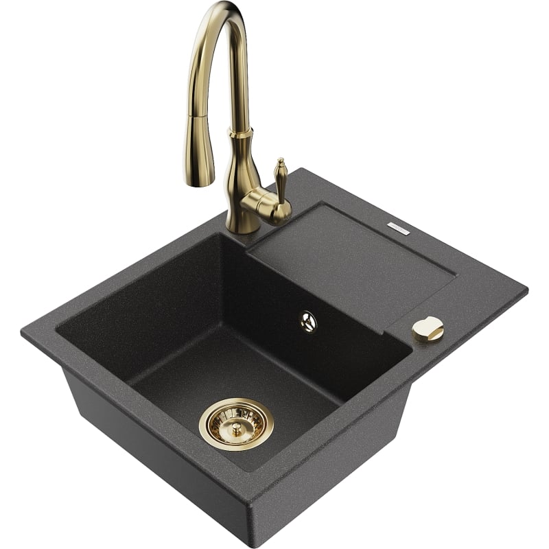 Mexen Enzo granite kitchen sink 1-bowl with drainer and Savita faucet, black speckled - 6506-76-672601-50