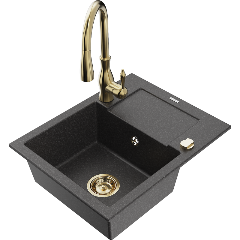 Mexen Enzo granite sink 1-bowl with drainer and Savita kitchen tap, black speckled - 6506-76-672601-50