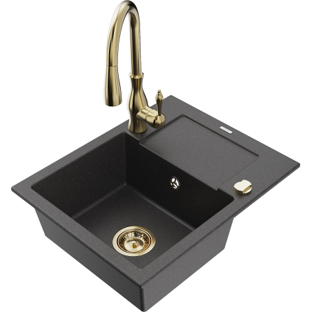 Mexen Enzo 1-compartment granite sink with a drip tray and kitchen mixer tap Savita, spotted black - 6506-76-672601-50
