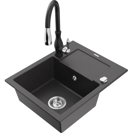 Mexen Enzo 1-compartment granite sink with a drip tray and kitchen mixer tap Savita, spotted black - 6506-76-672601-70