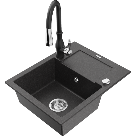 Mexen Enzo granite sink 1-bowl with drainer and Savita kitchen tap, speckled black - 6506-76-672601-70
