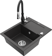 Mexen Enzo granite sink, 1-bowl with drainer and Savita kitchen faucet, black speckled - 6506-76-672601-70