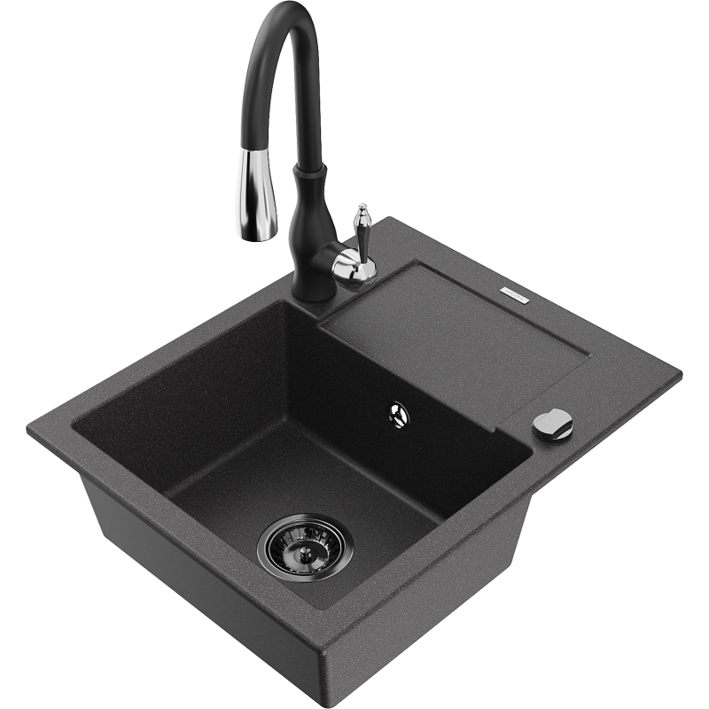 Mexen Enzo granite sink 1-bowl with drainer and Savita kitchen tap, black speckled - 6506-76-672601-70-B
