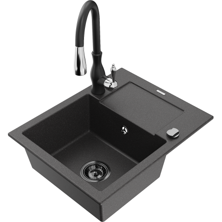 Mexen Enzo granite kitchen sink 1-bowl with draining board and Savita kitchen faucet, black speckled - 6506-76-672601-70-B