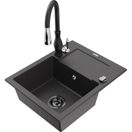Mexen Enzo granite sink 1-bowl with drainer and Savita kitchen tap, black speckled - 6506-76-672601-70-B