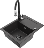 Mexen Enzo granite sink 1-bowl with drainer and Savita kitchen tap, black speckled - 6506-76-672601-70-B