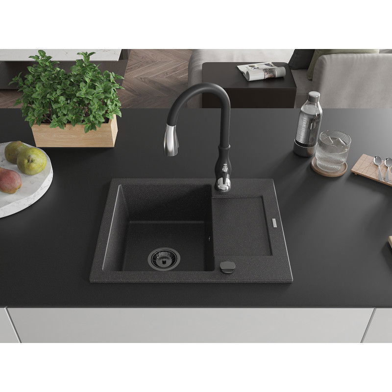 Mexen Enzo granite sink 1-bowl with drainer and Savita kitchen tap, black speckled - 6506-76-672601-70-B
