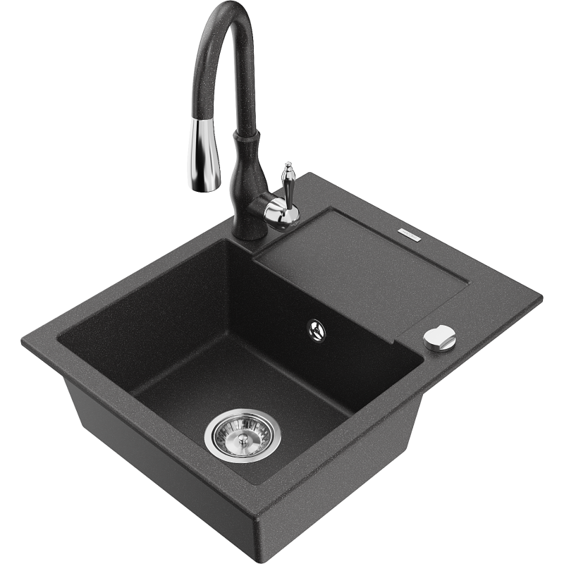 Mexen Enzo 1-compartment granite sink with a drip tray and kitchen mixer tap Savita, spotted black - 6506-76-672601-76