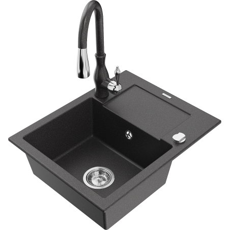 Mexen Enzo granite sink 1-bowl with drainer and Savita kitchen faucet, black speckled - 6506-76-672601-76