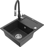 Mexen Enzo 1-Bowl Granite Sink with Drainer and Savita Kitchen Faucet, Speckled Black - 6506-76-672601-76