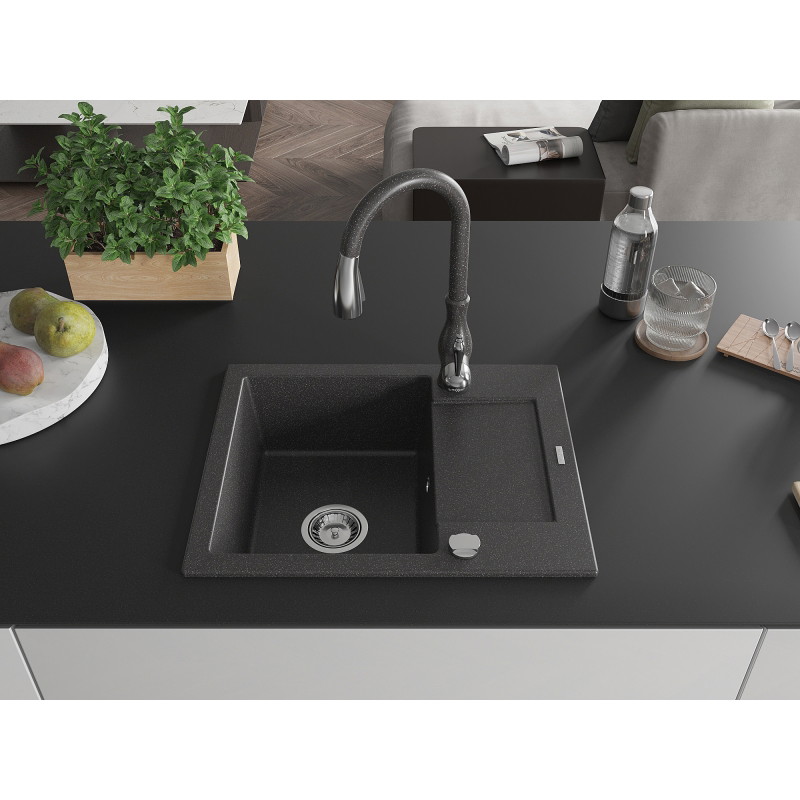 Mexen Enzo granite sink 1-bowl with drainer and Savita kitchen faucet, black speckled - 6506-76-672601-76