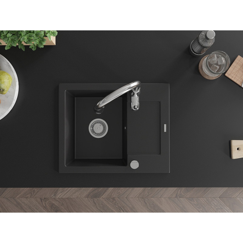 Mexen Enzo 1-bowl granite sink with drainer and Savita kitchen faucet, black - 6506-77-672601-00
