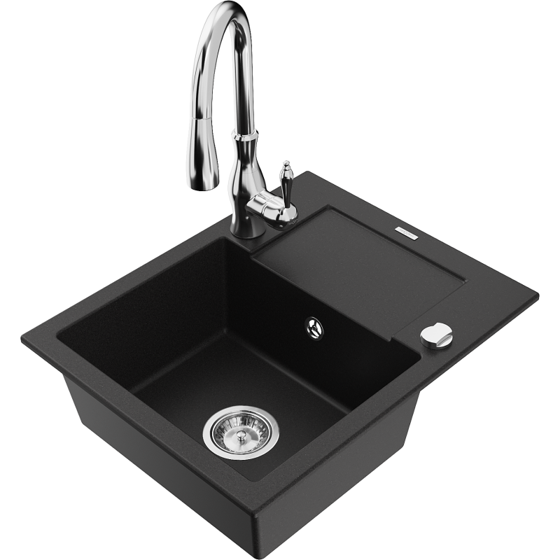 Mexen Enzo 1-compartment granite sink with a drip tray and kitchen mixer tap Savita, Black - 6506-77-672601-00