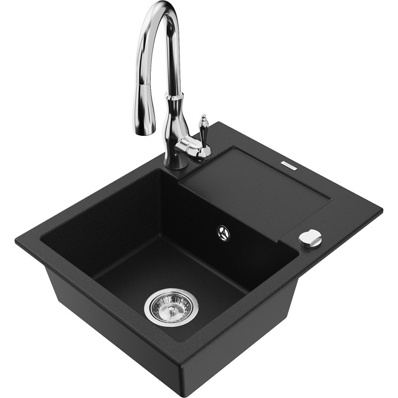 Mexen Enzo granite single-bowl sink with drainer and Savita kitchen faucet, black - 6506-77-672601-00