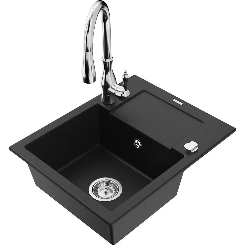 Mexen Enzo granite sink 1-bowl with drainer and Savita kitchen tap, black - 6506-77-672601-00