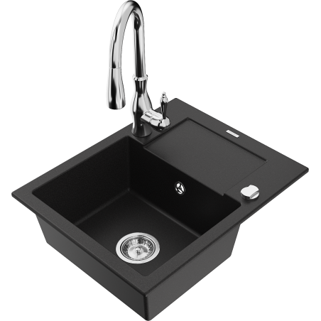 Mexen Enzo 1-compartment granite sink with a drip tray and kitchen mixer tap Savita, Black - 6506-77-672601-00