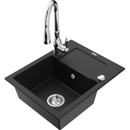 Mexen Enzo granite sink 1-bowl with drainer and Savita kitchen tap, black - 6506-77-672601-00