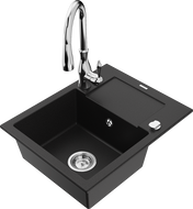 Mexen Enzo 1-compartment granite sink with a drip tray and kitchen mixer tap Savita, Black - 6506-77-672601-00