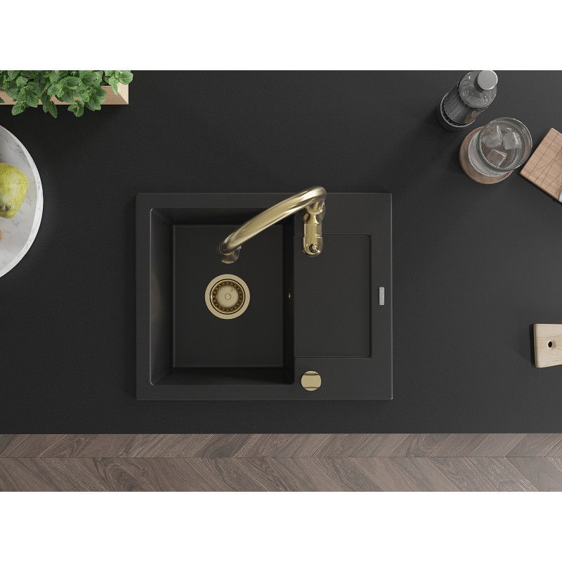 Mexen Enzo granite sink 1-bowl with drainer and Savita kitchen tap, black - 6506-77-672601-50