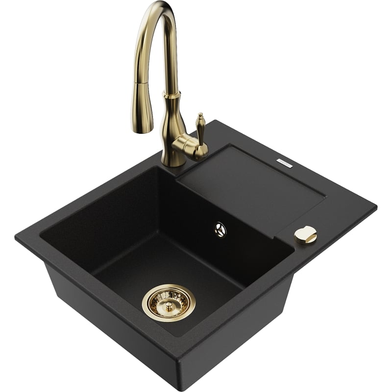 Mexen Enzo 1-bowl granite sink with drainer and Savita kitchen faucet, black - 6506-77-672601-50
