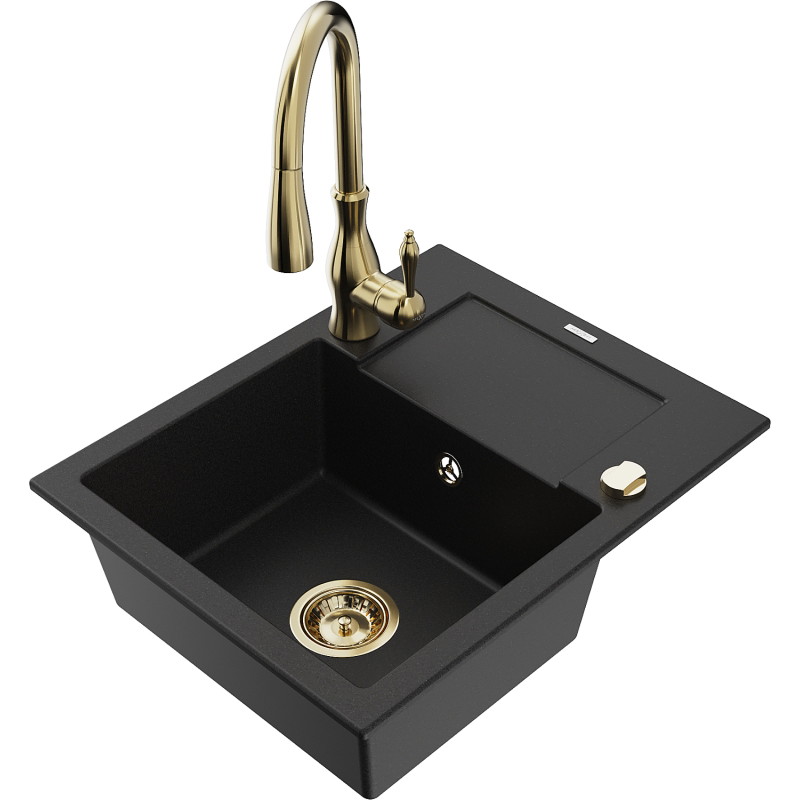 Mexen Enzo granite kitchen sink 1-bowl with drainer and Savita kitchen faucet, black - 6506-77-672601-50