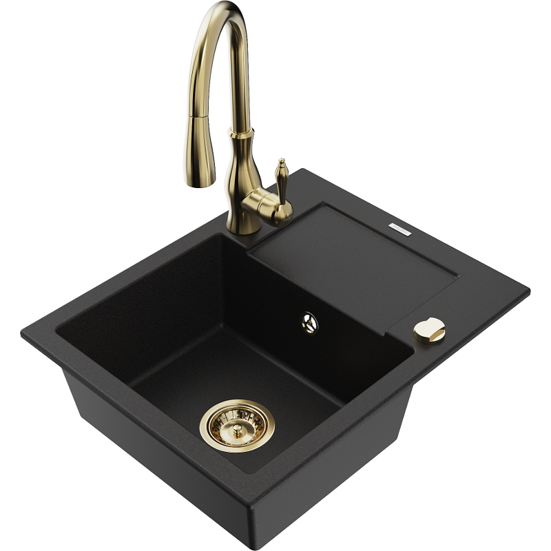 Mexen Enzo granite sink 1-bowl with drainer and Savita kitchen tap, black - 6506-77-672601-50