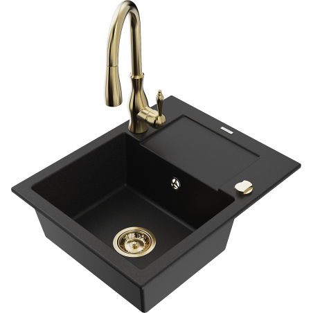 Mexen Enzo granite kitchen sink 1-bowl with drainer and Savita kitchen faucet, black - 6506-77-672601-50