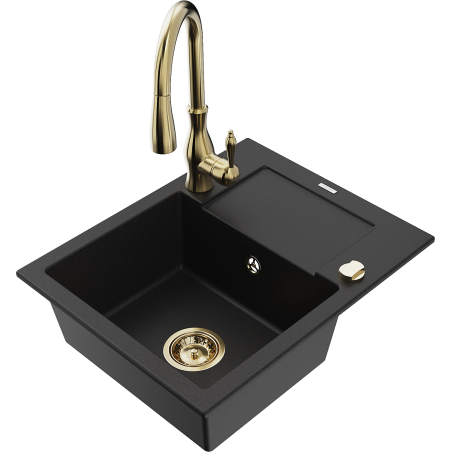 Mexen Enzo granite sink 1-bowl with drainer and Savita kitchen tap, black - 6506-77-672601-50