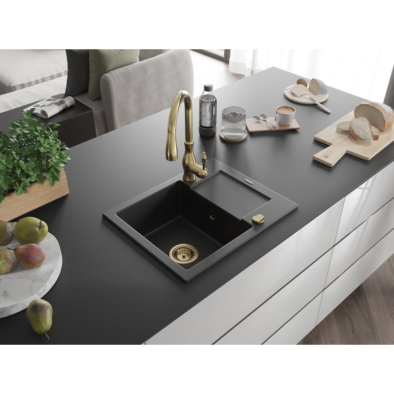 Mexen Enzo 1-bowl granite sink with drainer and Savita kitchen faucet, black - 6506-77-672601-50