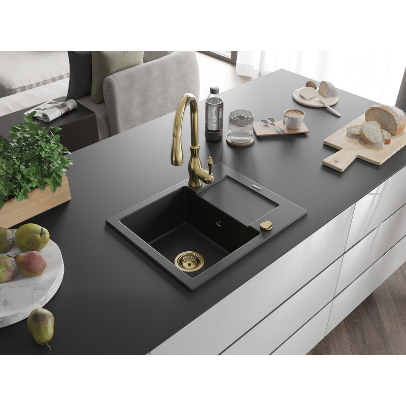 Mexen Enzo granite kitchen sink 1-bowl with drainer and Savita kitchen faucet, black - 6506-77-672601-50