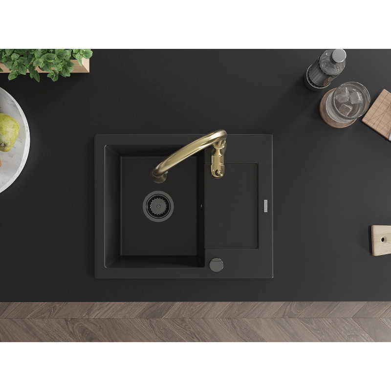 Mexen Enzo 1 Bowl Granite Sink with Drainer and Savita Kitchen Faucet, Black - 6506-77-672601-50-B