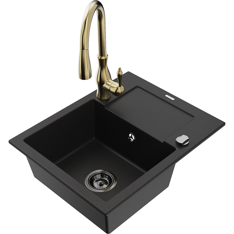 Mexen Enzo 1-Bowl Granite Kitchen Sink with Drainer and Savita Mixer Tap, Black - 6506-77-672601-50-B