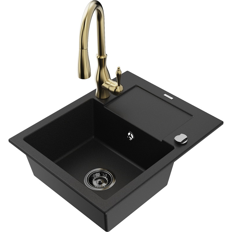 Mexen Enzo single-bowl granite sink with drainer and Savita kitchen faucet, black - 6506-77-672601-50-B